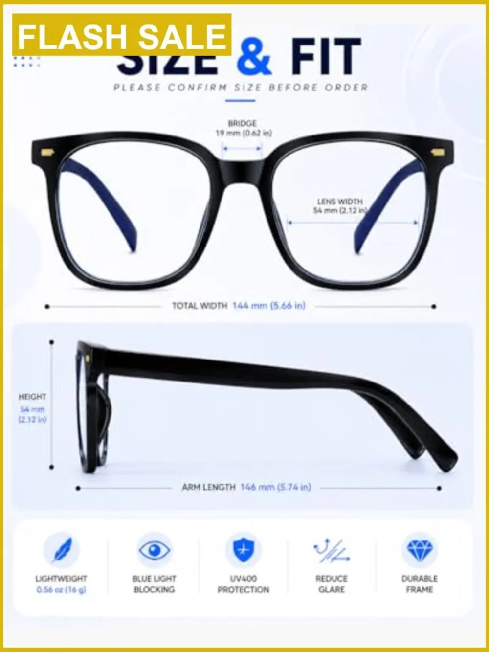 Oversized Square Blue Light Blocking Computer Glasses Anti Glare
